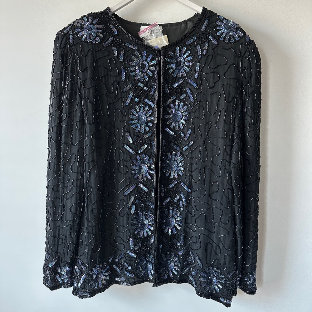 Vintage Black & Blue Sequin Silk Cardigan Size M